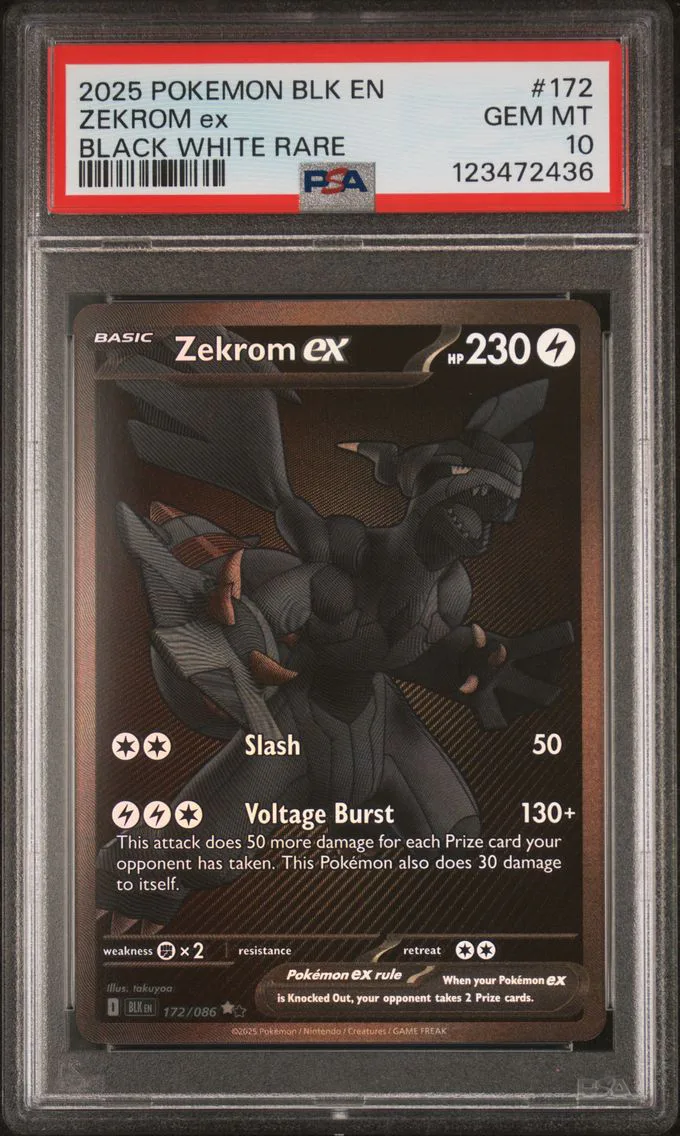 2025 #172 Zekrom EX PSA 10 Blk EN-Black Bolt Pokemon, graded PSA 10